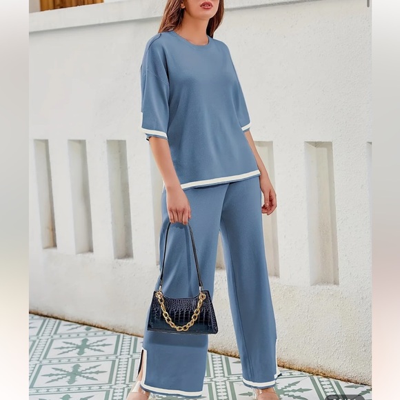 V-Neck Short Sleeve Top and Pants Lounge Set main image 0